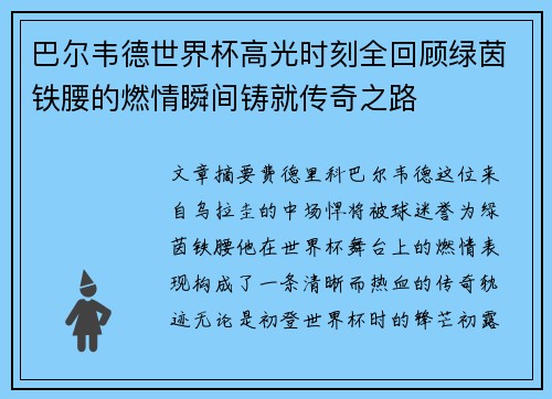 巴尔韦德世界杯高光时刻全回顾绿茵铁腰的燃情瞬间铸就传奇之路